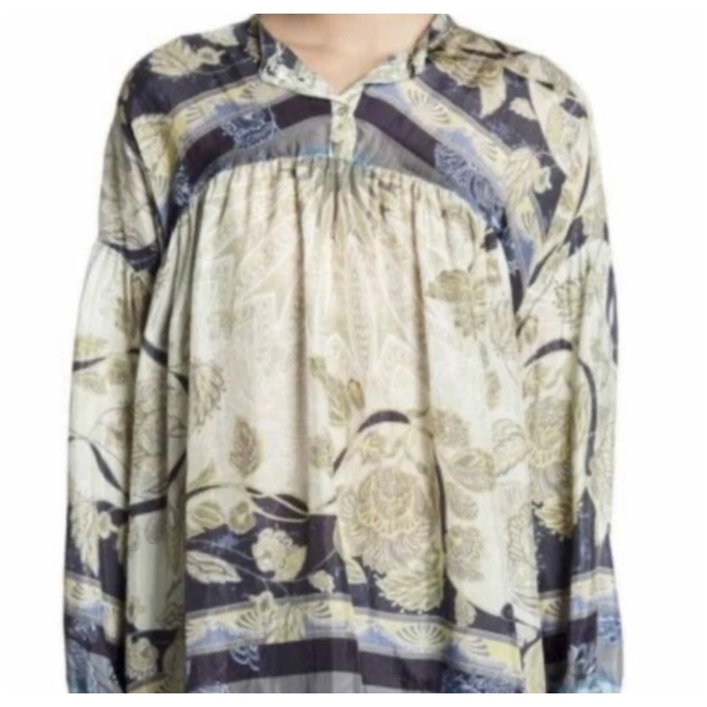 Johnny Was Arina Silk Tunic Blouse Top Women Small Green Navy Floral Boho Top‎
